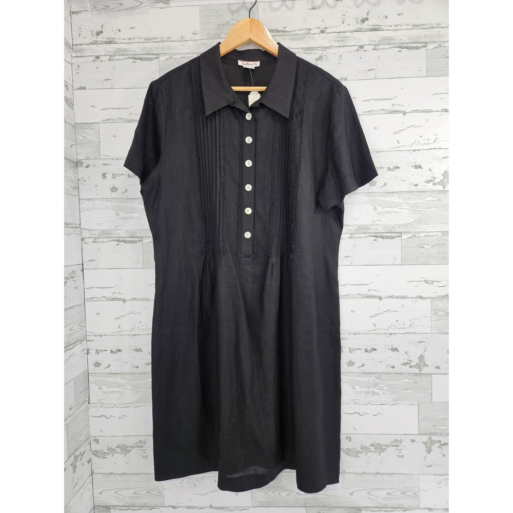Talbots Black 100% Linen Pintuck Pleated Lace Trim Shift Dress Womens 14
